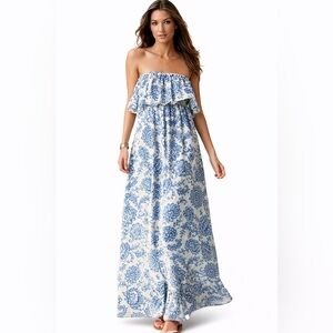 Victoria’s Secret Strapless Blue & White Floral Linen Maxi Dress XS (fits small)